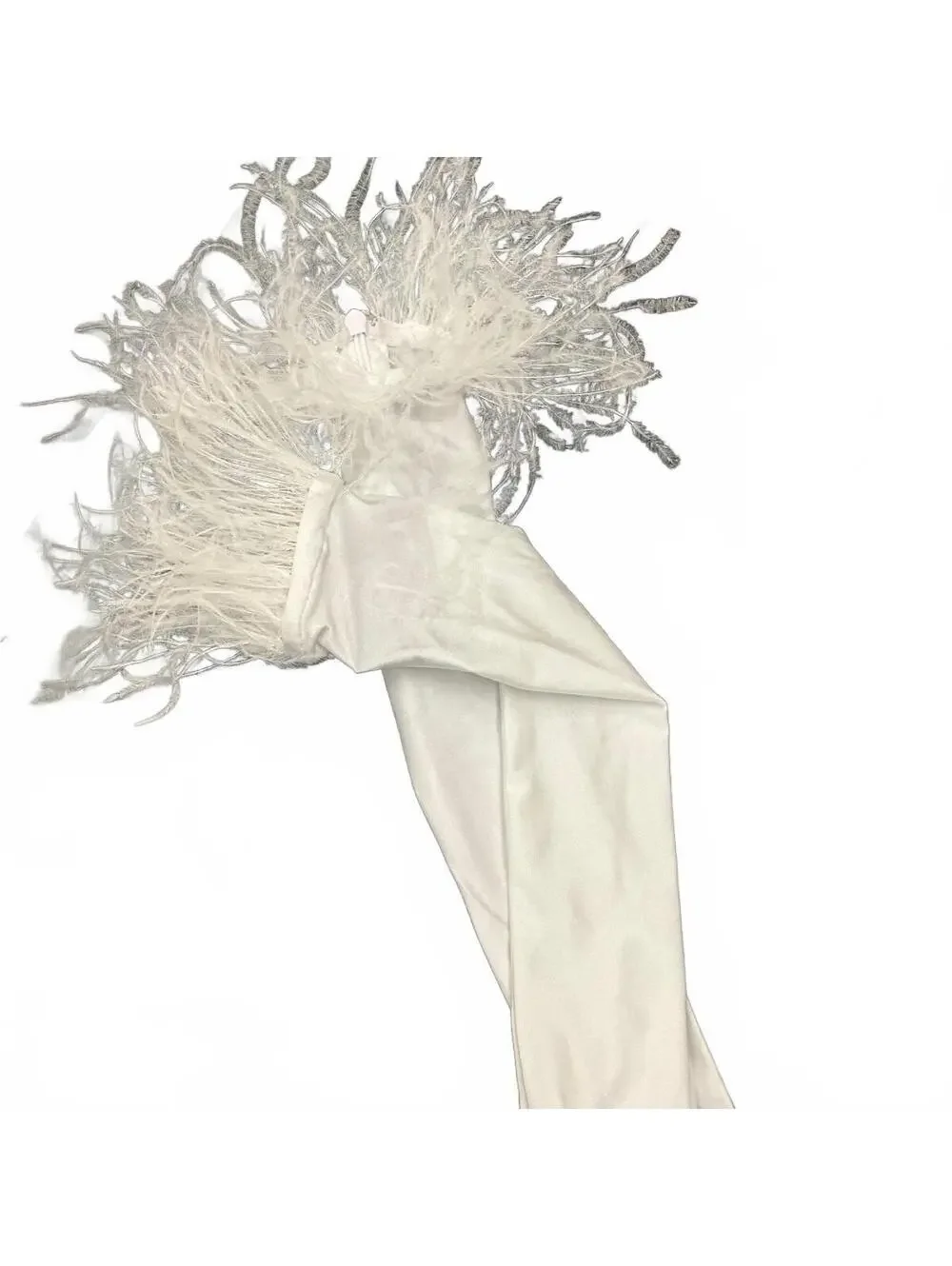 Elbow Length White Matte Satin Gloves with Feathers